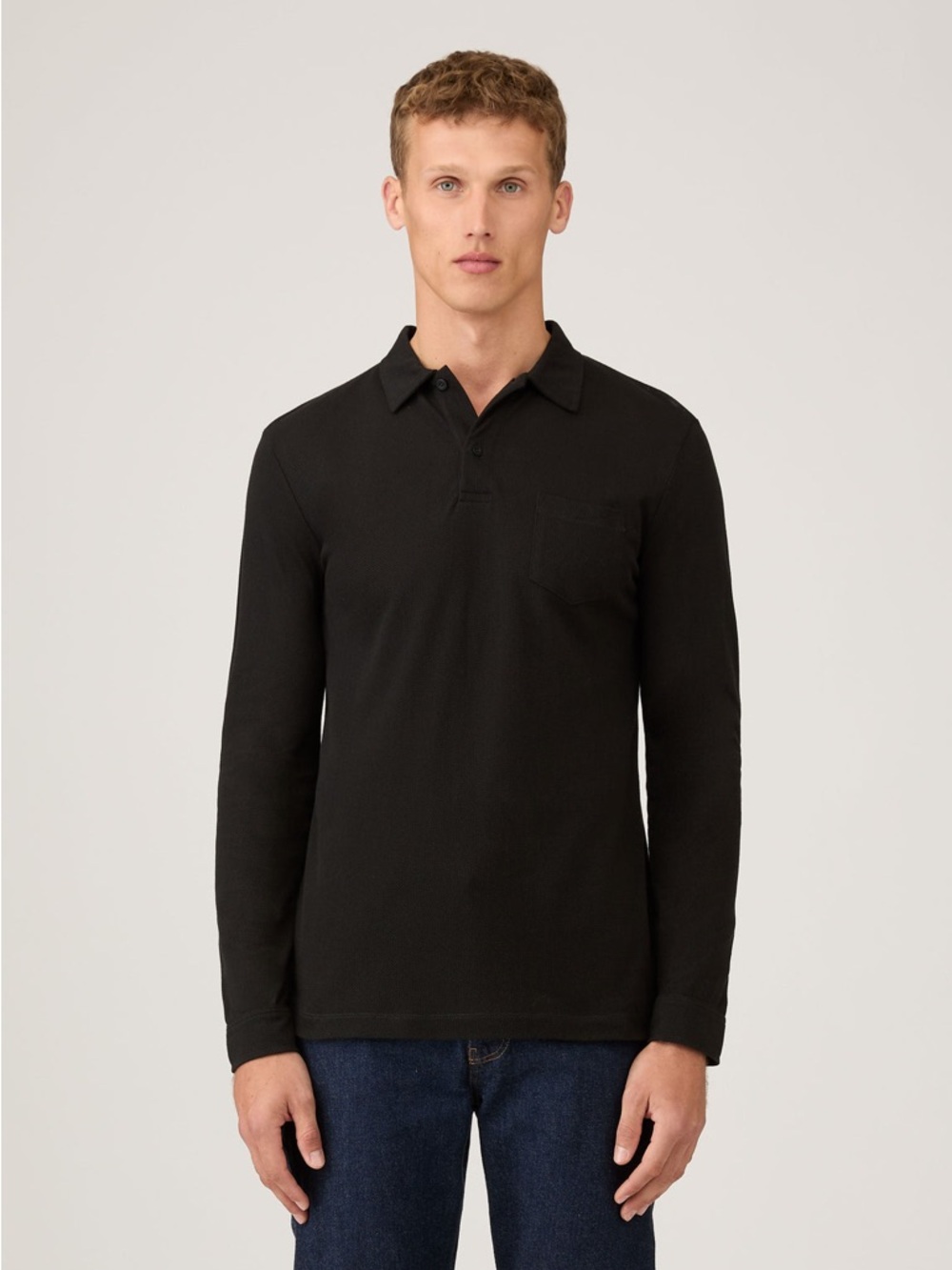 Sunspel Riviera Long Sleeve Polo Shirt Textured Black Size Medium